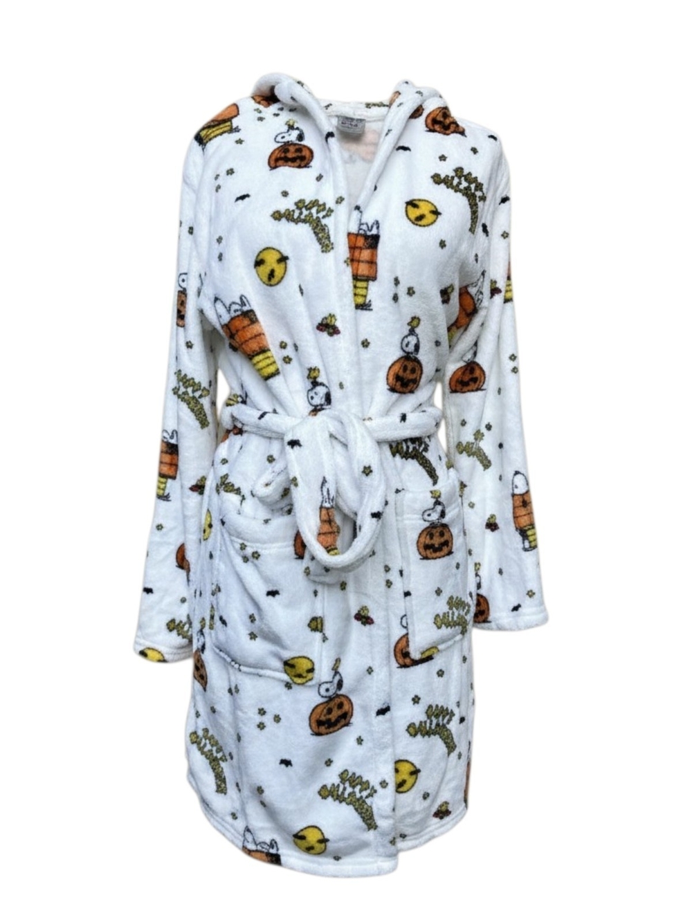 Peanuts White Fleece Hooded Robe with Halloween Character Print